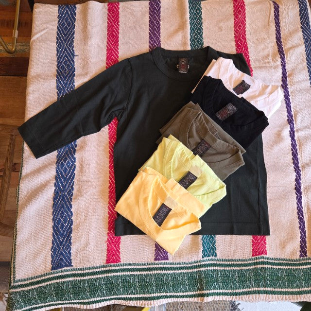 homspun 　ホームスパン　天竺七分袖Tシャツ　全６色　サラシ　イエロー　ブラック　カーキ　ライム　ダークグリーン　　カットソー　定番　ベーシック　インナー　七分袖　日本製