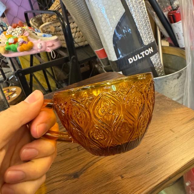 ガラス カップ & ソーサー フィオーレ　アンバー　ソーダガラス　食器　アンティーク　レトロ　キッチン　ダイニング　花柄装飾　海外　モーニング