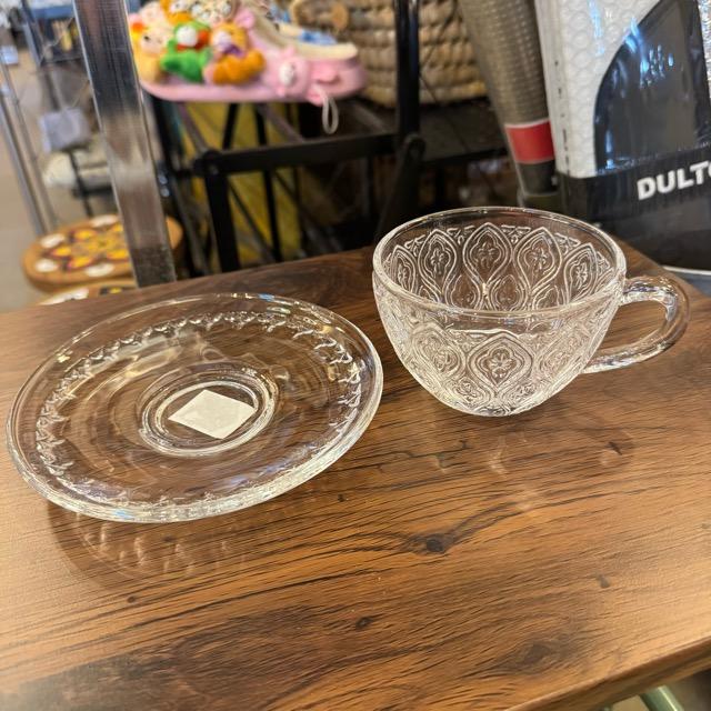ガラス カップ & ソーサー フィオーレ　クリア　ソーダガラス　食器　アンティーク　レトロ　キッチン　ダイニング　花柄装飾　海外　モーニング