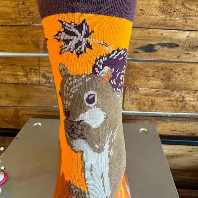 TOPANGA SOCKS Lady's　アシンメトリーリスと秋ソックス　靴下　レディース　クルーソックス　ブラウン　オレンジ　リス　秋　落ち葉　どんぐり　イチョウ