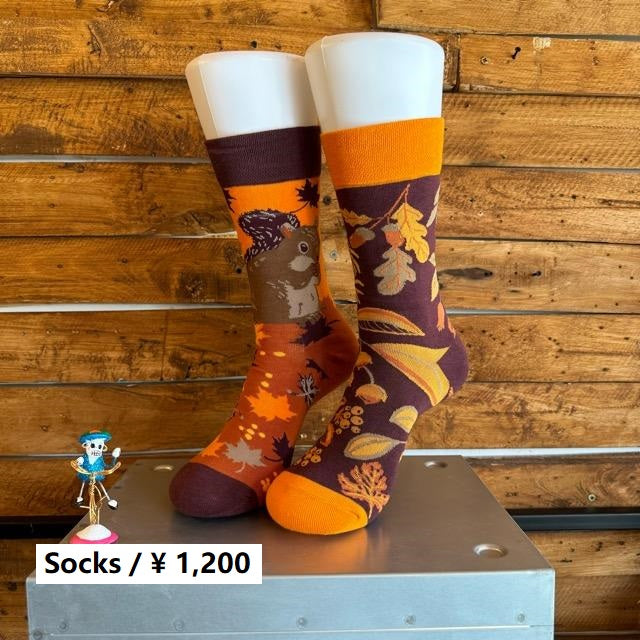 TOPANGA SOCKS Lady's　アシンメトリーリスと秋ソックス　靴下　レディース　クルーソックス　ブラウン　オレンジ　リス　秋　落ち葉　どんぐり　イチョウ