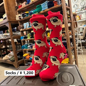 TOPANGA SOCKS Men's　パグ　靴下　メンズソックス　派手ソックス　犬　いぬ　イヌ　ドッグ　アニマル　レッド　足元ファッション　プチギフト