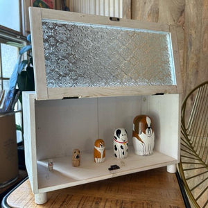 Wood and glass spice rack, white, collection box, floral pattern, glass, wooden