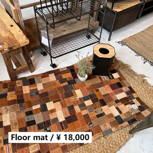 TOPANGA Homefurnishing　デニムレザーパッチフロアラグマット　80×140cm　ブラウンカラー　フロアマット　レザーラグ　二人掛けソファ　一畳分