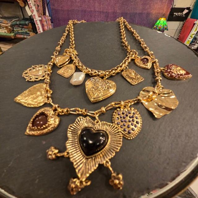 TOPANGAJewelry 2連　ハートネックレス　ブラック＆レッド＆ゴールド　ヴィンテージパンクネックレス　メキシカンハート　2連ロケット　ネックレス