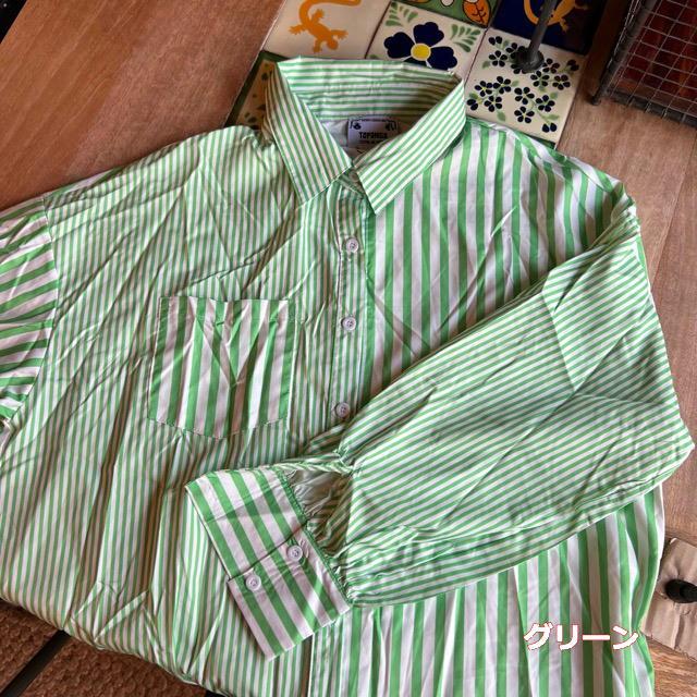 ダブルストライプシャツ　全3色　イエロー　ピンク　グリーン　ファッション　レディース　トップス　シャツ　ストライプ　カジュアル