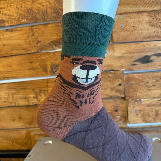 TOPANGA SOCKS Lady's　アシンメトリークマさんソックス　ベアー　靴下　レディース　クルーソックス　グリーン　ブラウン