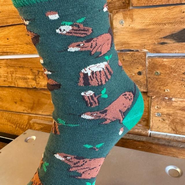 TOPANGA SOCKS Lady's　アシンメトリークマさんソックス　ベアー　靴下　レディース　クルーソックス　グリーン　ブラウン