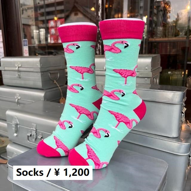 TOPANGA SOCKS Lady's　フラミンゴソックス　ミントグリーン×ピンク　ファッション　レディース　靴下　動物　フラミンゴ　ユニーク