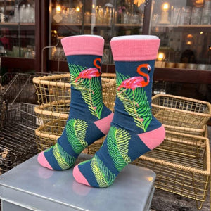 TOPANGA SOCKS Lady's　南国フラミンゴソックス　ダークグリーン×ピンク　ファッション　レディース　靴下　動物　フラミンゴ　ユニーク