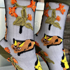 TOPANGA SOCKS 　シアーソックス　ネコと植物　ファッション　靴下　シアーソックス　レディース　小物