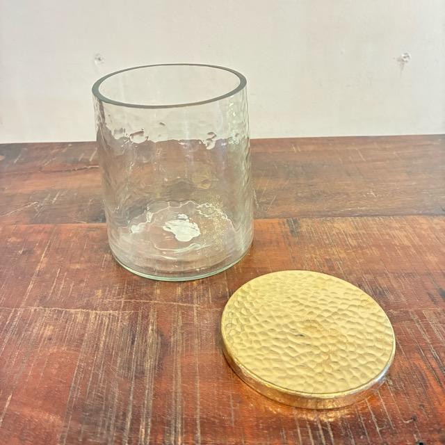 インド　ブラス＆ガラスキャニスター　ハイ　in bloom 　インブルーム　ディスプレイケース　真鍮　ハンマートン　収納　ガラスケース　綿棒　コットン　槌目