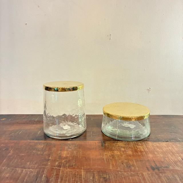 インド　ブラス＆ガラスキャニスター　ハイ　in bloom 　インブルーム　ディスプレイケース　真鍮　ハンマートン　収納　ガラスケース　綿棒　コットン　槌目