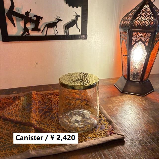 インド　ブラス＆ガラスキャニスター　ハイ　in bloom 　インブルーム　ディスプレイケース　真鍮　ハンマートン　収納　ガラスケース　綿棒　コットン　槌目