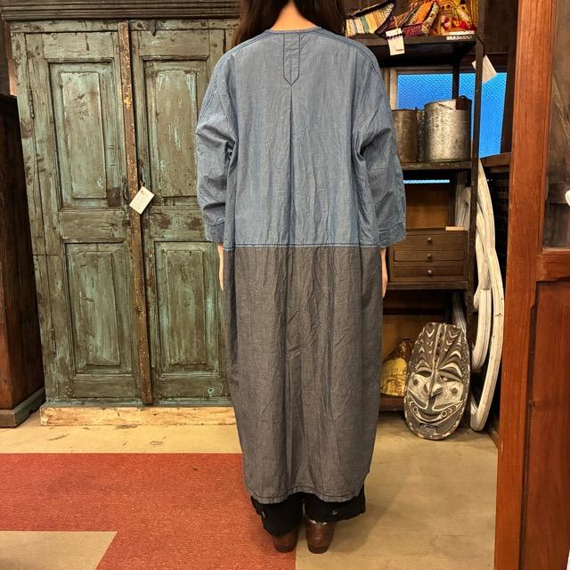homspun 　ホームスパン　ライトオンスシャンブレー比翼配色7分袖ワンピース　ブルー×ネイビー　ロング丈　バイカラー　羽織　リボン　ドレス