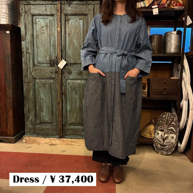 homspun 　ホームスパン　ライトオンスシャンブレー比翼配色7分袖ワンピース　ブルー×ネイビー　ロング丈　バイカラー　羽織　リボン　ドレス