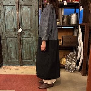 homspun 　ホームスパン　ライトオンスシャンブレー比翼配色7分袖ワンピース　ネイビー×ブラック　ロング丈　バイカラー　羽織　リボン　ドレス