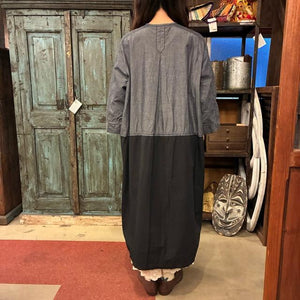 homspun 　ホームスパン　ライトオンスシャンブレー比翼配色7分袖ワンピース　ネイビー×ブラック　ロング丈　バイカラー　羽織　リボン　ドレス