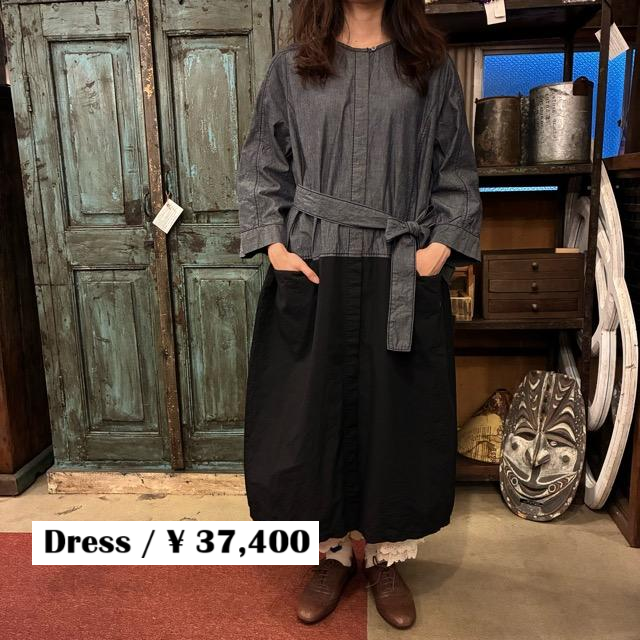 homspun 　ホームスパン　ライトオンスシャンブレー比翼配色7分袖ワンピース　ネイビー×ブラック　ロング丈　バイカラー　羽織　リボン　ドレス