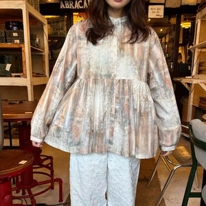 ICHI　イチ　インクジェットプリント2WAYシャツ　ストーン　シャツ　レディース　長袖　羽織　ギャザーブラウス　柄物　アート　前後　後ろボタン