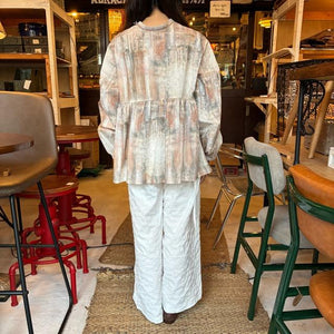 ICHI　イチ　インクジェットプリント2WAYシャツ　ストーン　シャツ　レディース　長袖　羽織　ギャザーブラウス　柄物　アート　前後　後ろボタン