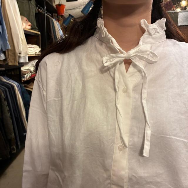 ICHI Peach Washer Neck Ruffle Shirt, White, Natural Cotton, Women's Blouse, Knit Shirt, Layering Shirt, Long Sleeve　