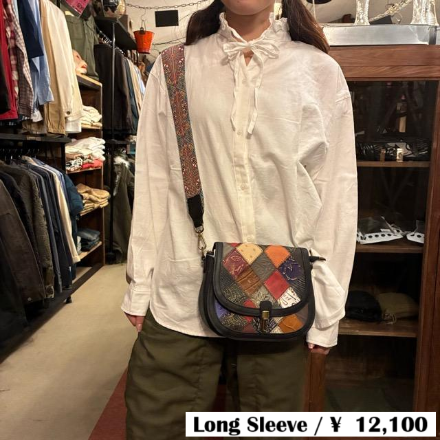 ICHI Peach Washer Neck Ruffle Shirt, White, Natural Cotton, Women's Blouse, Knit Shirt, Layering Shirt, Long Sleeve　