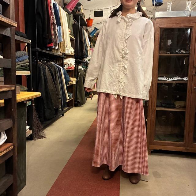 ICHI Peach Washer Frill Shirt, White, Natural Cotton, Women's Blouse, Knit Shirt, Layering Shirt, Long Sleeve　