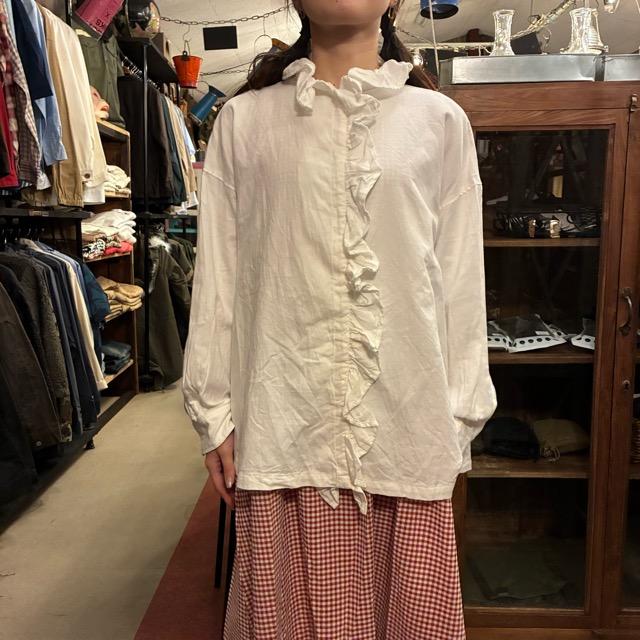 ICHI Peach Washer Frill Shirt, White, Natural Cotton, Women's Blouse, Knit Shirt, Layering Shirt, Long Sleeve　