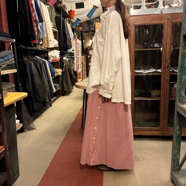 ICHI Peach Washer Frill Shirt, White, Natural Cotton, Women's Blouse, Knit Shirt, Layering Shirt, Long Sleeve　