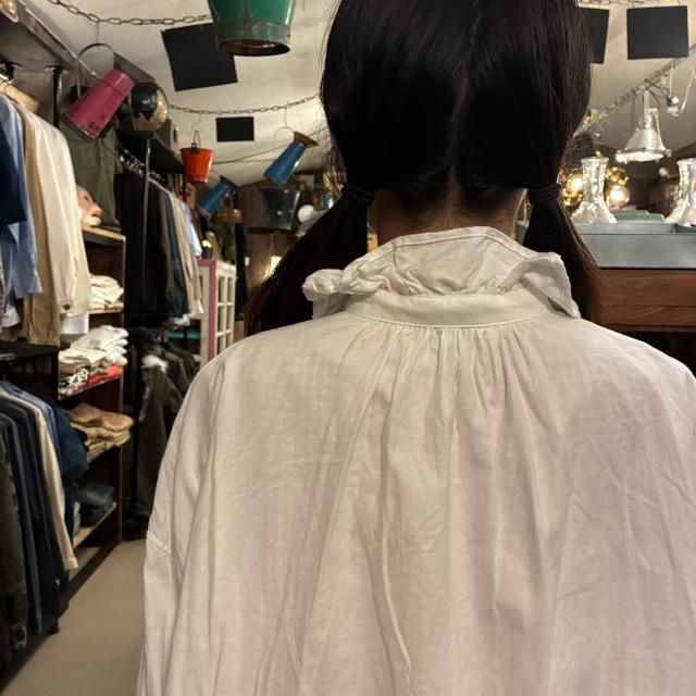 ICHI Peach Washer Frill Shirt, White, Natural Cotton, Women's Blouse, Knit Shirt, Layering Shirt, Long Sleeve　