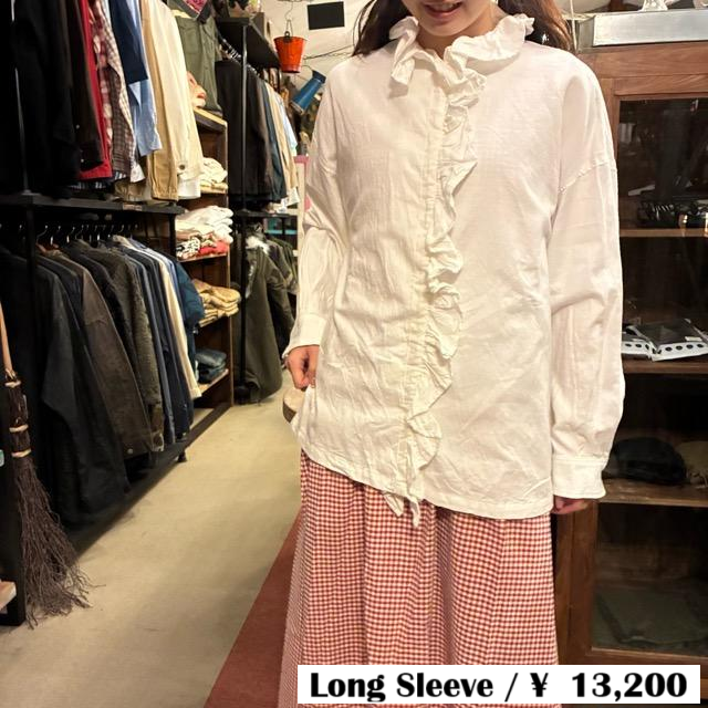 ICHI Peach Washer Frill Shirt, White, Natural Cotton, Women's Blouse, Knit Shirt, Layering Shirt, Long Sleeve　