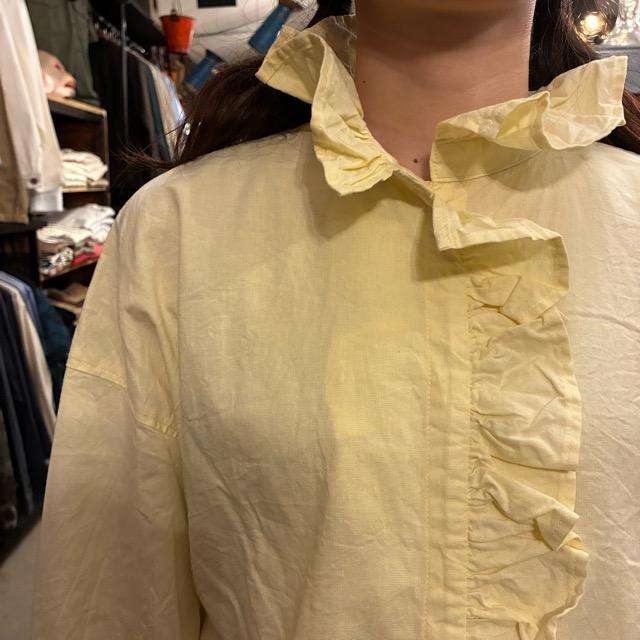 ICHI Women's Tanga Frill Shirt, Yellow Cotton, Long Sleeve, Knit, Layering Shirt　