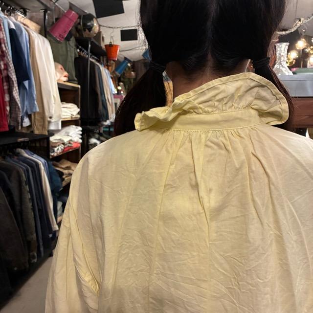 ICHI Women's Tanga Frill Shirt, Yellow Cotton, Long Sleeve, Knit, Layering Shirt　