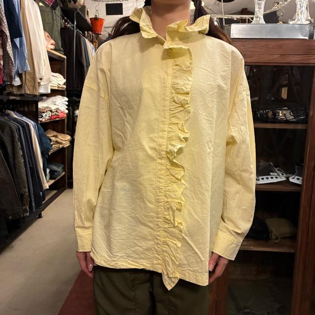 ICHI Women's Tanga Frill Shirt, Yellow Cotton, Long Sleeve, Knit, Layering Shirt　