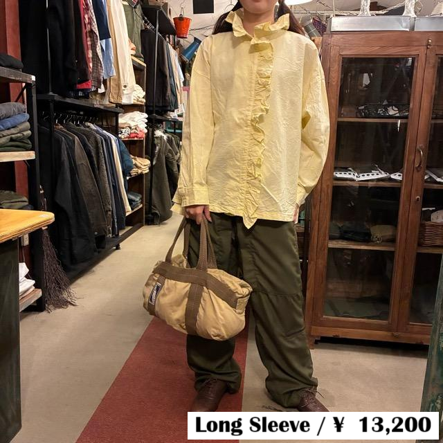 ICHI Women's Tanga Frill Shirt, Yellow Cotton, Long Sleeve, Knit, Layering Shirt　