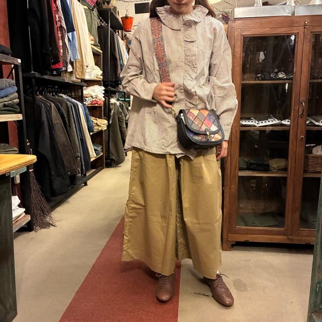 ICHI Women's Indigo Selvedge Striped Frill Shirt, Natural Cotton, Long Sleeve, White, Layering Shirt, Knit