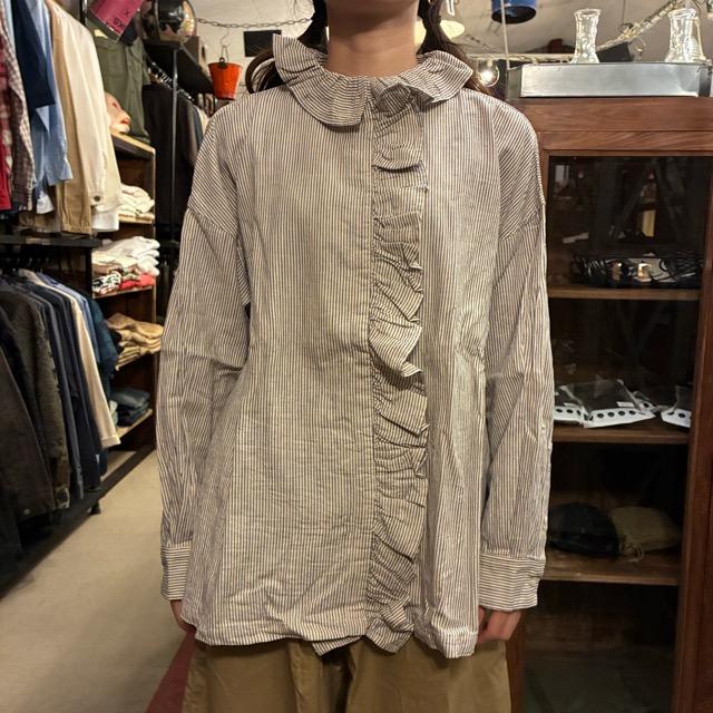 ICHI Women's Indigo Selvedge Striped Frill Shirt, Natural Cotton, Long Sleeve, White, Layering Shirt, Knit