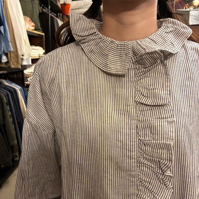 ICHI Women's Indigo Selvedge Striped Frill Shirt, Natural Cotton, Long Sleeve, White, Layering Shirt, Knit