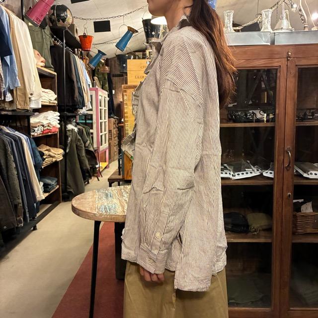 ICHI Women's Indigo Selvedge Striped Frill Shirt, Natural Cotton, Long Sleeve, White, Layering Shirt, Knit