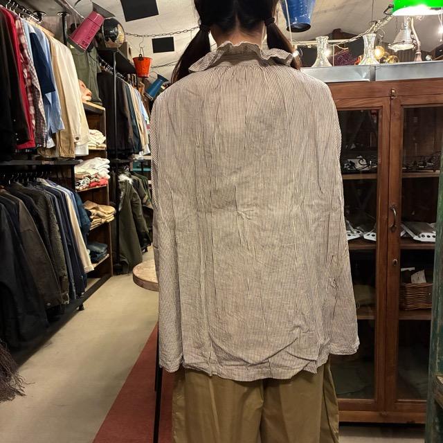 ICHI Women's Indigo Selvedge Striped Frill Shirt, Natural Cotton, Long Sleeve, White, Layering Shirt, Knit