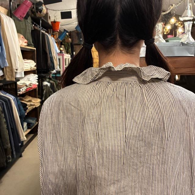 ICHI Women's Indigo Selvedge Striped Frill Shirt, Natural Cotton, Long Sleeve, White, Layering Shirt, Knit