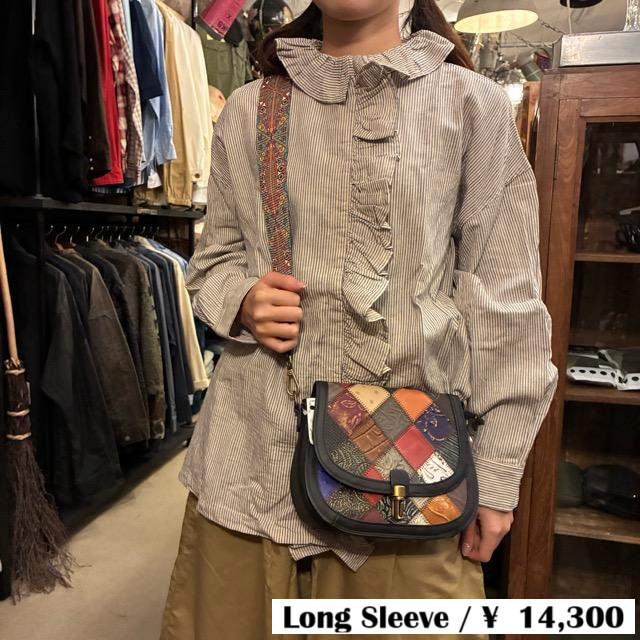 ICHI Women's Indigo Selvedge Striped Frill Shirt, Natural Cotton, Long Sleeve, White, Layering Shirt, Knit