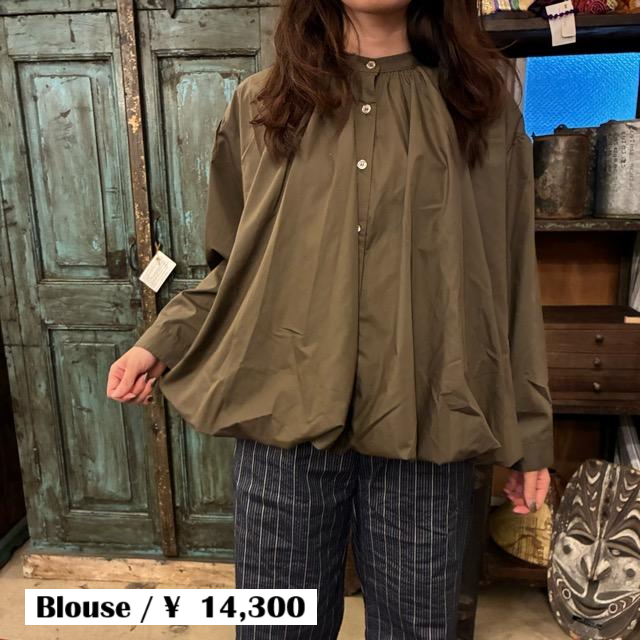 ICHI Balloon Shirt, Khaki and Olive, Women's Long Sleeve, Volume Blouse/Cardigan, Cotton and Polyester, Gathered Blouse