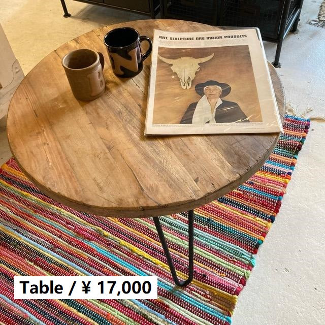 インド　オールドウッド＆アイアンラウンドコーヒーテーブル　ローテーブル　サイドテーブル　ちゃぶ台　一人用　二人用　ソファテーブル　鉄脚　アソート