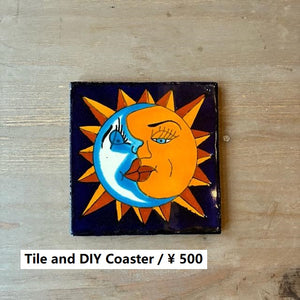 メキシコ　タラベラタイル　サン＆ムーン　ネイビー　太陽と月　コースター　鍋敷き　DIY　柄タイル　室内壁　室外壁　デザインタイル　レトロ　アートタイル