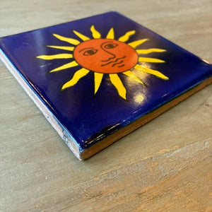 メキシコ　タラベラタイル　太陽柄　ネイビー　コースター　鍋敷き　DIY　柄タイル　室内壁　室外壁　デザインタイル　レトロ　アートタイル　タラベラ焼き