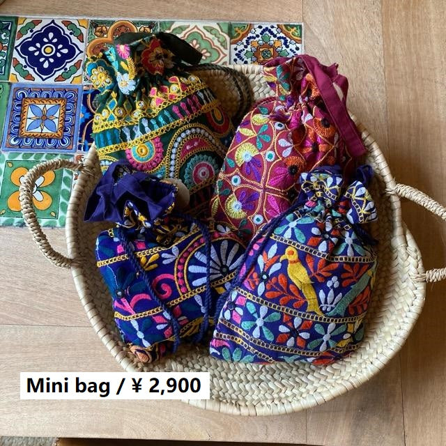 インド カッチ刺繍古布ミニ巾着手提げ 全4種 ネイビー グリーン