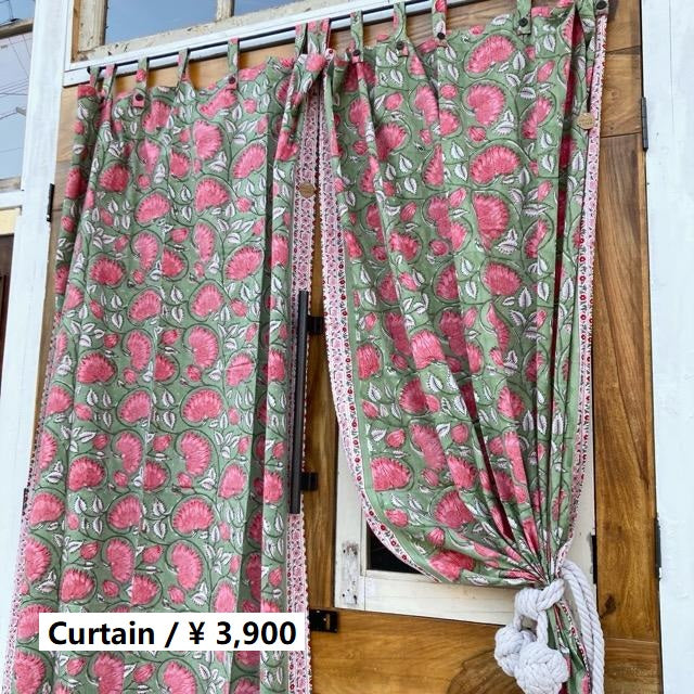 インド　ブロックプリントフラワーカーテン　TYPE:N　105×178cm　グリーン　間仕切り　暖簾