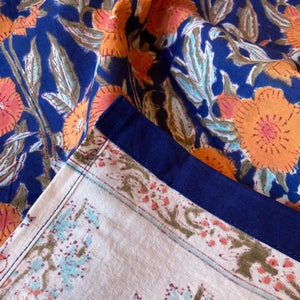 インド　ブロックプリントフラワーカーテン　TYPE:M　105×178cm　ブルー　間仕切り　暖簾